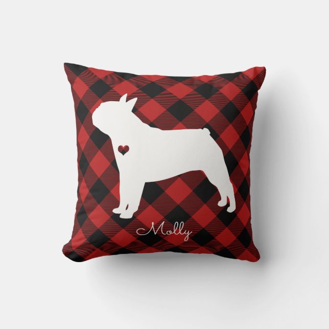Boston Terrier Christmas Plaid Dog Name Cushion (Front)