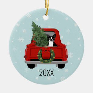 Boston Terrier Christmas Red Truck Ceramic Ornament