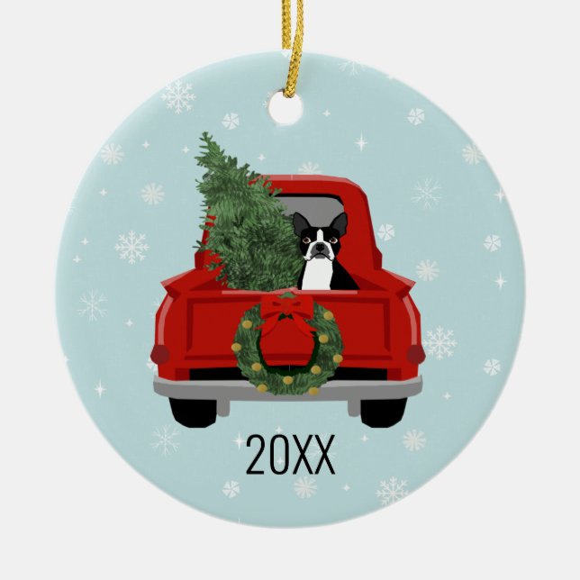 Boston Terrier Christmas Red Truck Ceramic Ornament (Front)