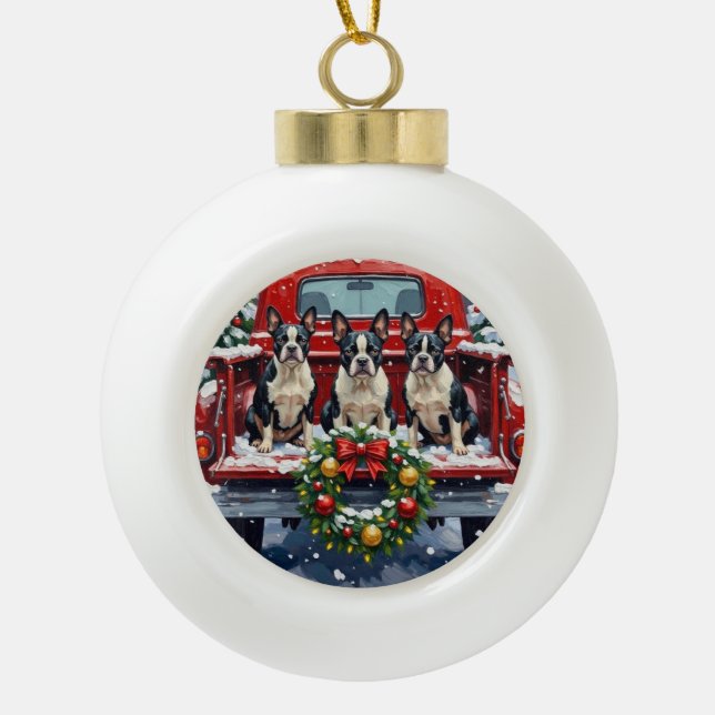 Boston Terrier Christmas Red Truck Holiday Ceramic Ball Christmas Ornament (Front)