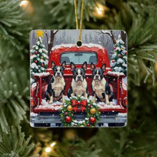 Boston Terrier Christmas Red Truck Holiday Ceramic Ornament