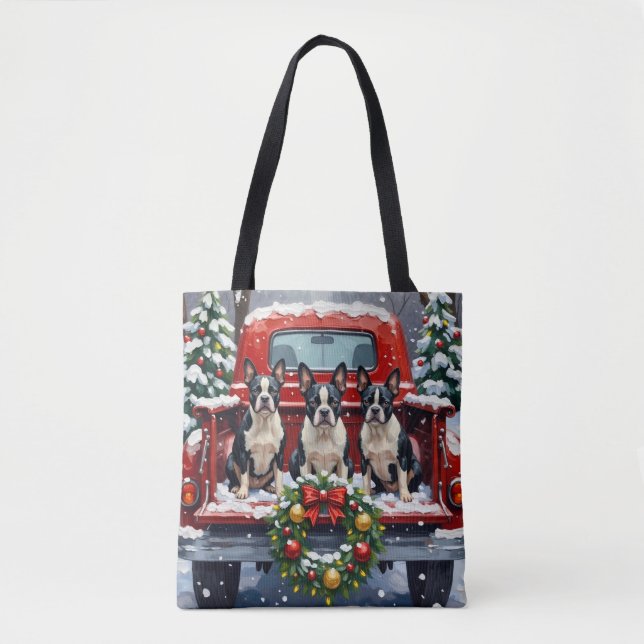 Boston Terrier Christmas Red Truck Holiday Tote Bag (Front)