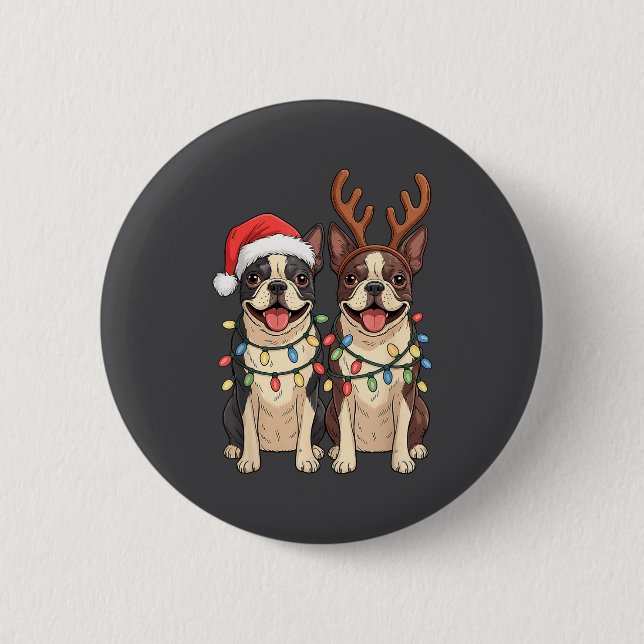 Boston Terrier Christmas Santa Hat Reindeer Lights 6 Cm Round Badge (Front)