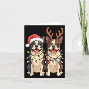 Boston Terrier Christmas Santa Hat Reindeer Lights Card