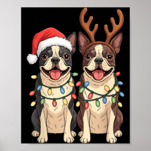Boston Terrier Christmas Santa Hat Reindeer Lights Poster