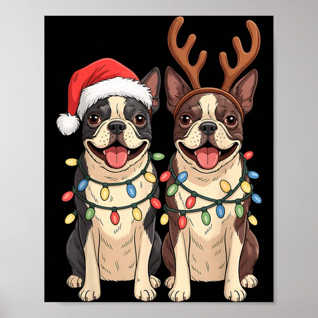 Boston Terrier Christmas Santa Hat Reindeer Lights Poster (Front)