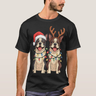 Boston Terrier Christmas Santa Hat Reindeer Lights T-Shirt