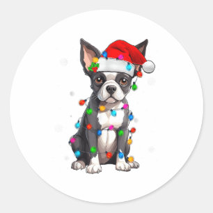 Boston Terrier Christmas Santa Hat Tree Lights Paj Classic Round Sticker
