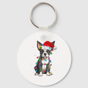 Boston Terrier Christmas Santa Hat Tree Lights Paj Key Ring