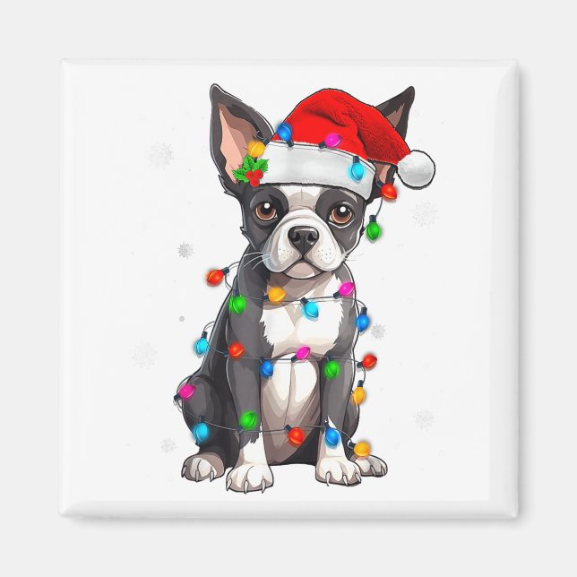 Boston Terrier Christmas Santa Hat Tree Lights Paj Magnet (Front)