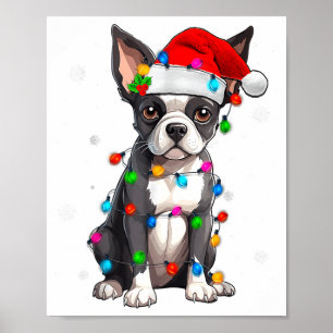 Boston Terrier Christmas Santa Hat Tree Lights Paj Poster