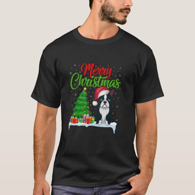 Boston Terrier Christmas Tree Lights Funny Xmas Do T-Shirt (Front)