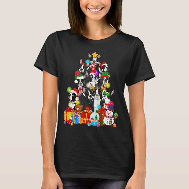 Boston Terrier Christmas Tree Lights T-Shirt (Front)
