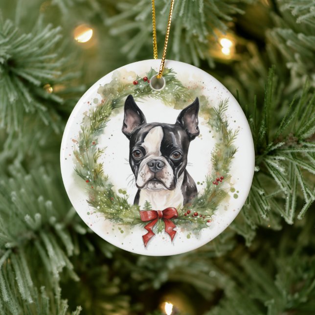 Boston Terrier Christmas Wreath Festive Pup  Ceramic Ornament (Tree)