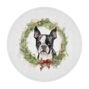 Boston Terrier Christmas Wreath Festive Pup Cutting Board