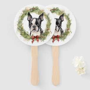 Boston Terrier Christmas Wreath Festive Pup  Hand Fan