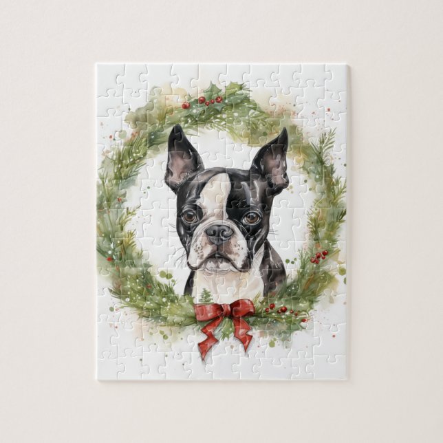 Boston Terrier Christmas Wreath Festive Pup  Jigsaw Puzzle (Vertical)