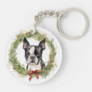 Boston Terrier Christmas Wreath Festive Pup  Key Ring