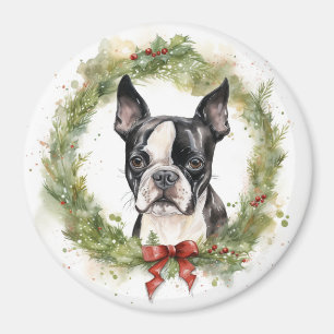 Boston Terrier Christmas Wreath Festive Pup  Magnet