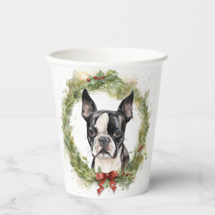 Boston Terrier Christmas Wreath Festive Pup Paper Cups