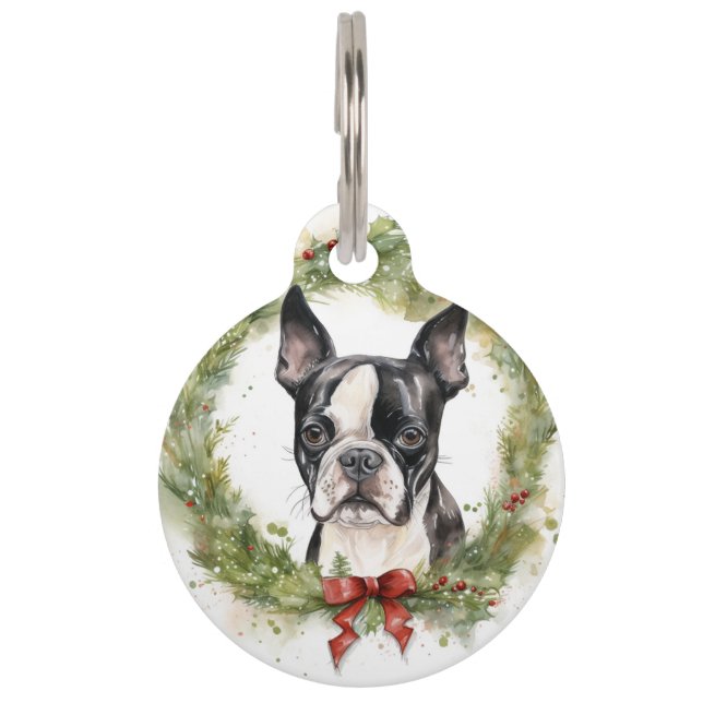 Boston Terrier Christmas Wreath Festive Pup  Pet Tag (Front)