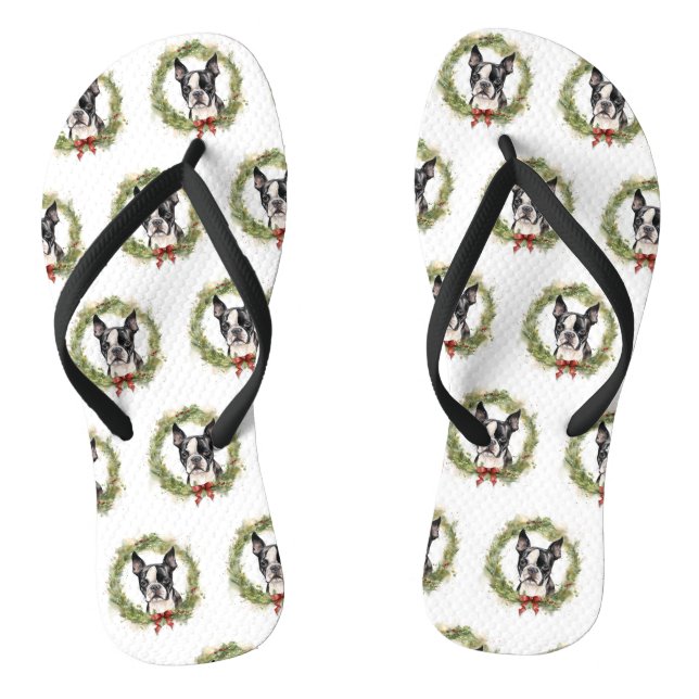 Boston Terrier Christmas Wreath Festive Pup  Thongs (Footbed)