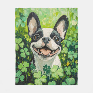 Boston Terrier Clover Field Painting Fleece Blanket