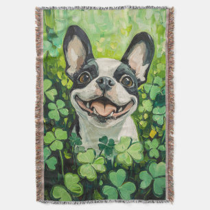 Boston Terrier Clover Field Painting Throw Blanket
