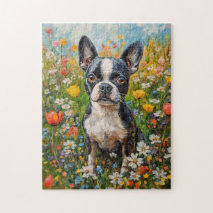 Boston Terrier Colourful Wildflower Field Jigsaw Puzzle