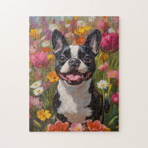 Boston Terrier Colourful Wildflower Field Jigsaw Puzzle