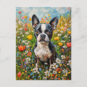 Boston Terrier Colourful Wildflower Field Postcard