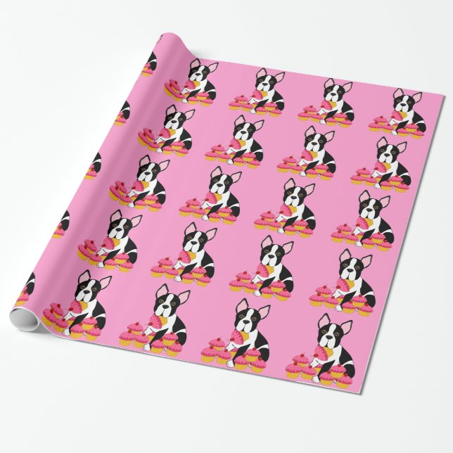 Boston Terrier Cupcakes Wrapping Paper (Unrolled)