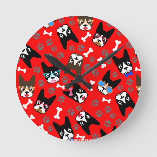 Boston Terrier Cute Moustache Funny Faces Round Clock (Front)