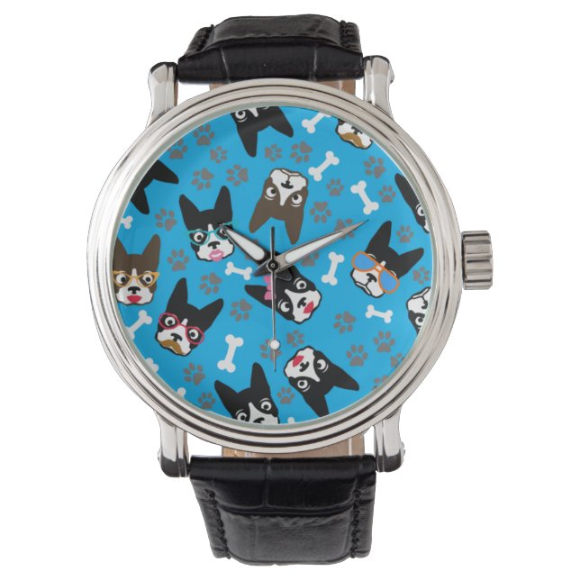 Boston Terrier Cute Moustache Funny Faces Watch (Front)
