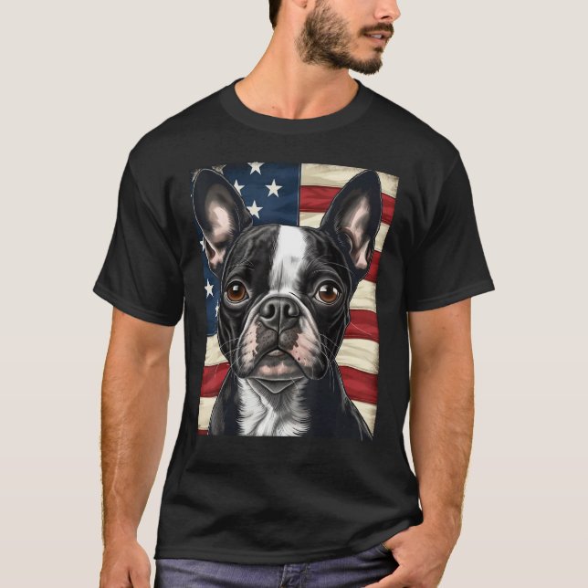 Boston Terrier Dog American Flag 4th of July Patri T-Shirt (Front)