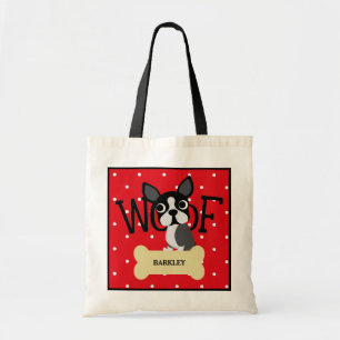 Boston Terrier Dog and Gold Bone and Red Polka Dot Tote Bag