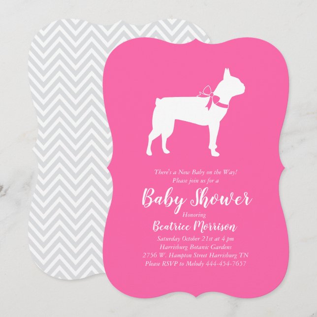 Boston Terrier Dog Baby Shower Pink Girl Invitation (Front/Back)