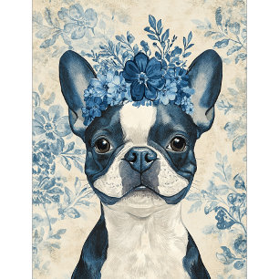 Boston Terrier Dog Blue Floral Playing Cards