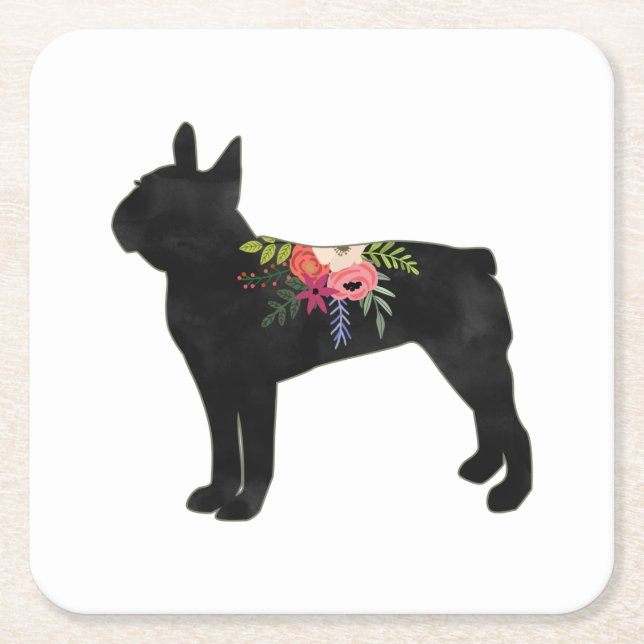 Boston Terrier Dog Breed Boho Floral Silhouette Square Paper Coaster (Front)