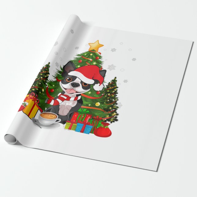 Boston Terrier Dog Christmas Is Gift Coffee Light Wrapping Paper (Unrolled)