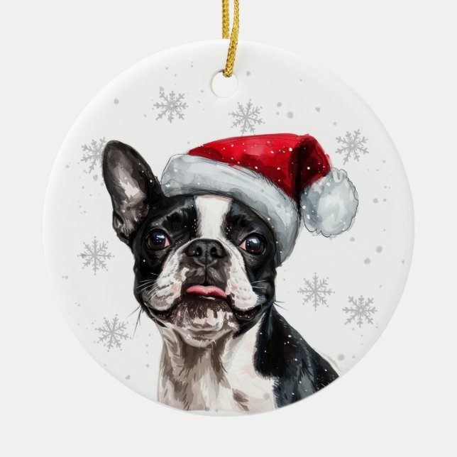 Boston Terrier Dog Christmas Personalized Ceramic Ornament (Front)