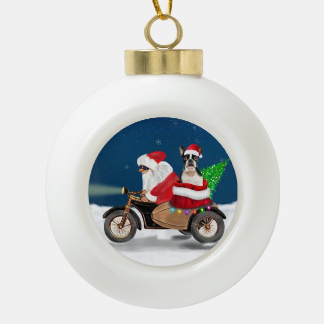 Boston Terrier Dog Christmas Santa Claus   Ceramic Ball Christmas Ornament (Front)