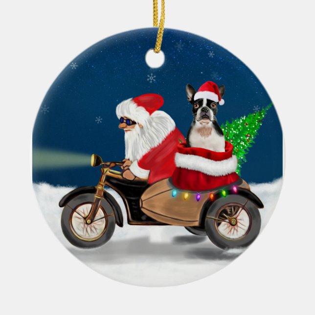 Boston Terrier Dog Christmas Santa Claus  Ceramic Ornament (Front)