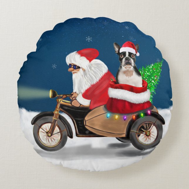 Boston Terrier Dog Christmas Santa Claus   Round Cushion (Front)