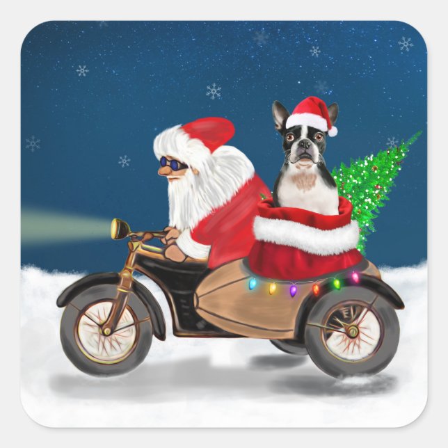 Boston Terrier Dog Christmas Santa Claus   Square Sticker (Front)