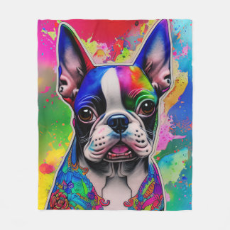 Boston Terrier Dog Colourful Paint Splash Fleece Blanket
