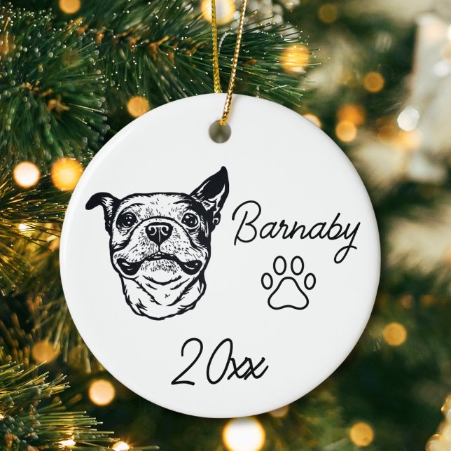 Boston Terrier Dog Custom Name & Year Line Art Ceramic Ornament (Boston Terrier Dog Custom Name and Year Ornament with Paw Print. Black and White Line Art Modern)