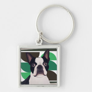 Boston Terrier Dog – Dark Green Geometric Key Ring