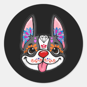 Boston Terrier Dog Day Of The Dead Sugar Skull Dog Classic Round Sticker