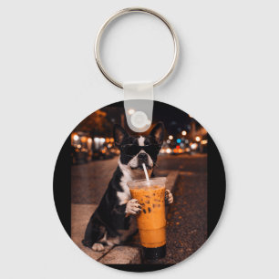 Boston terrier dog drinking iced coffee lover key ring